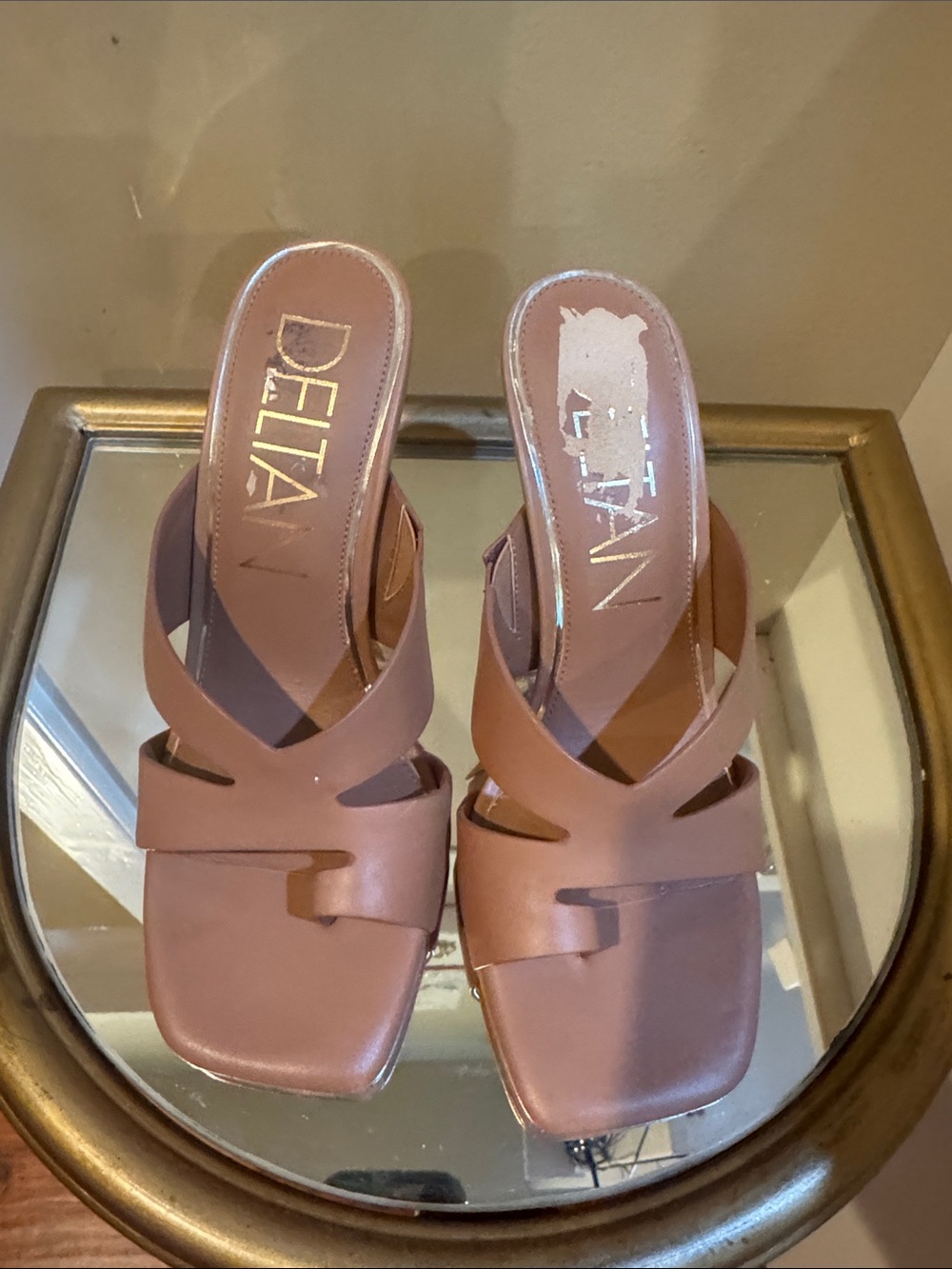 Deltan Tan Cross-Strap Slide Heels